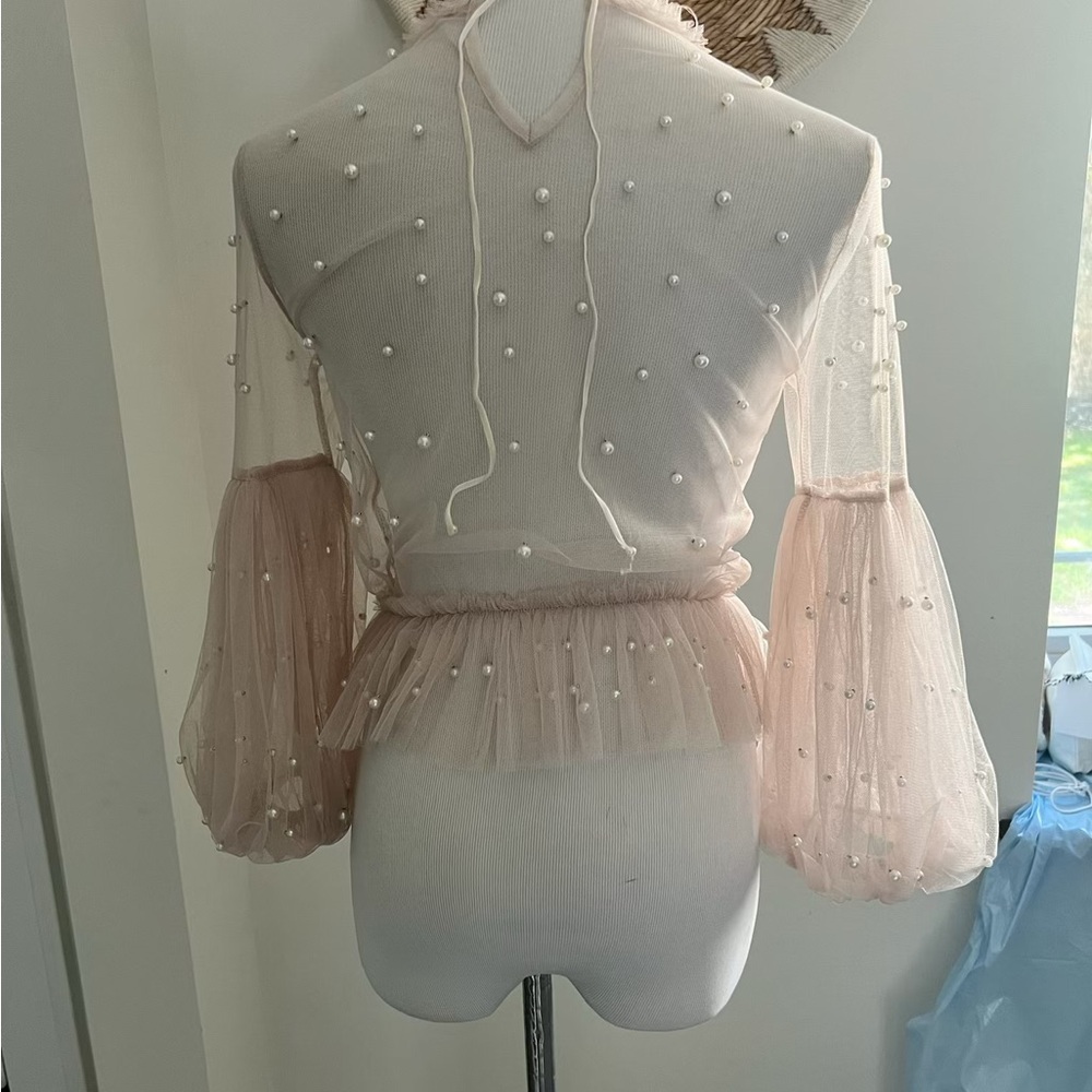 Elegant Pearl-Embellished Sheer Top - Cream - Picture 3 of 3